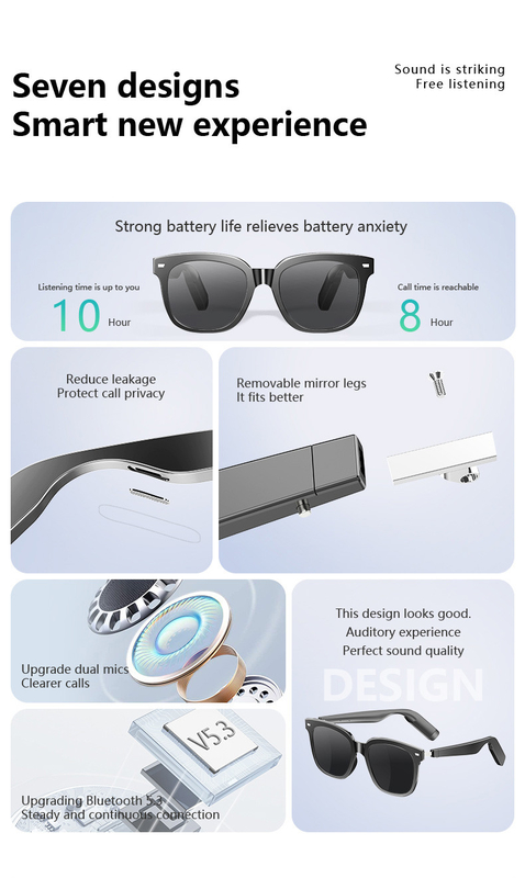 Temps de musique de 8 heures Ultra-légère BT 5.3 Bluetooth lunettes intelligentes avec appel 110mAh * 2 capacité